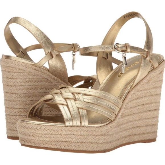 Coach Gold Jute Platform Wedge Sandals - Picture 1 of 4